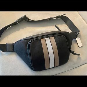 Coach thompson varsity stripe and black leather belt bag. NWOT.